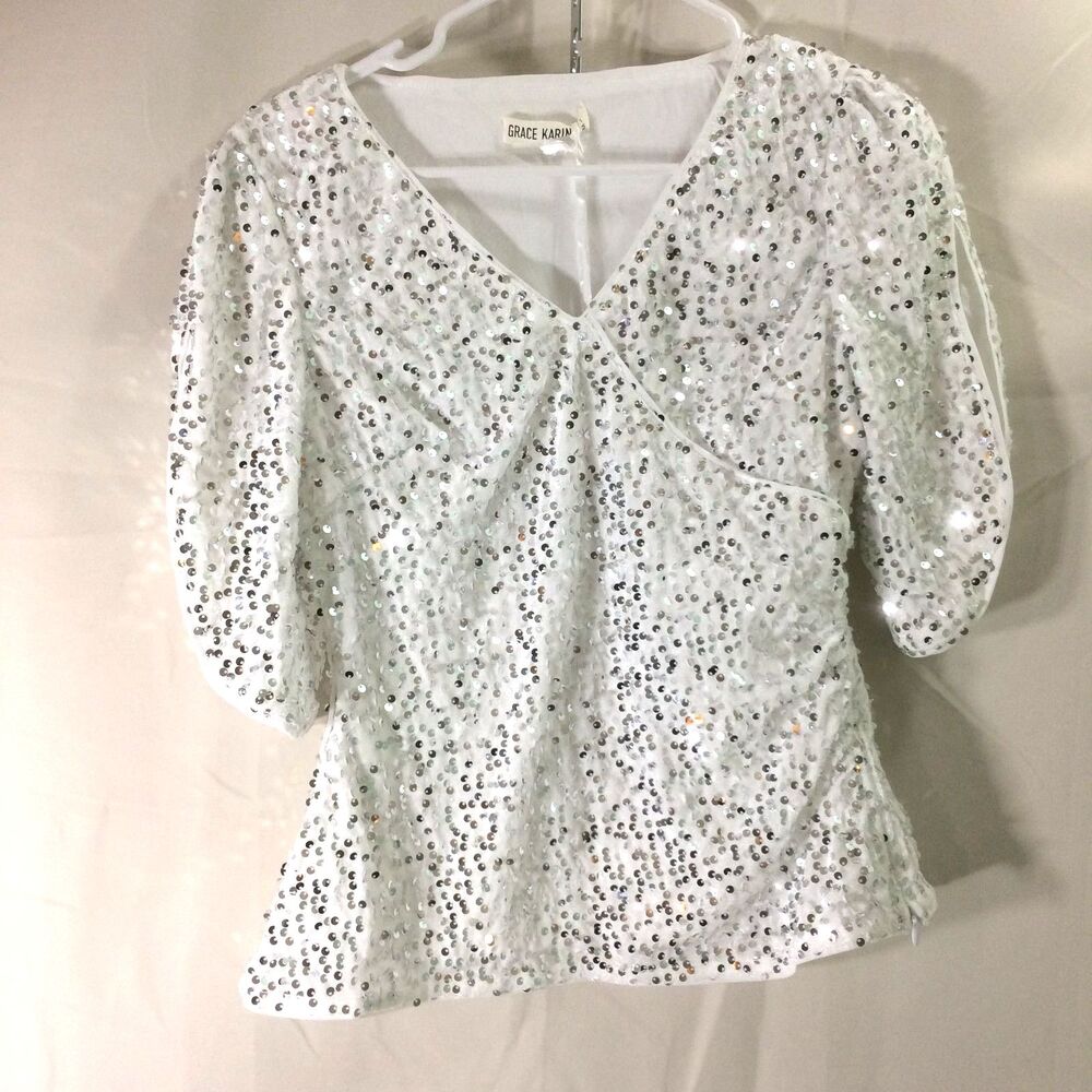 NEW Grace Karin Sequin Top White V Neck Blouse Party Medium NWT - Picture 3 of 6